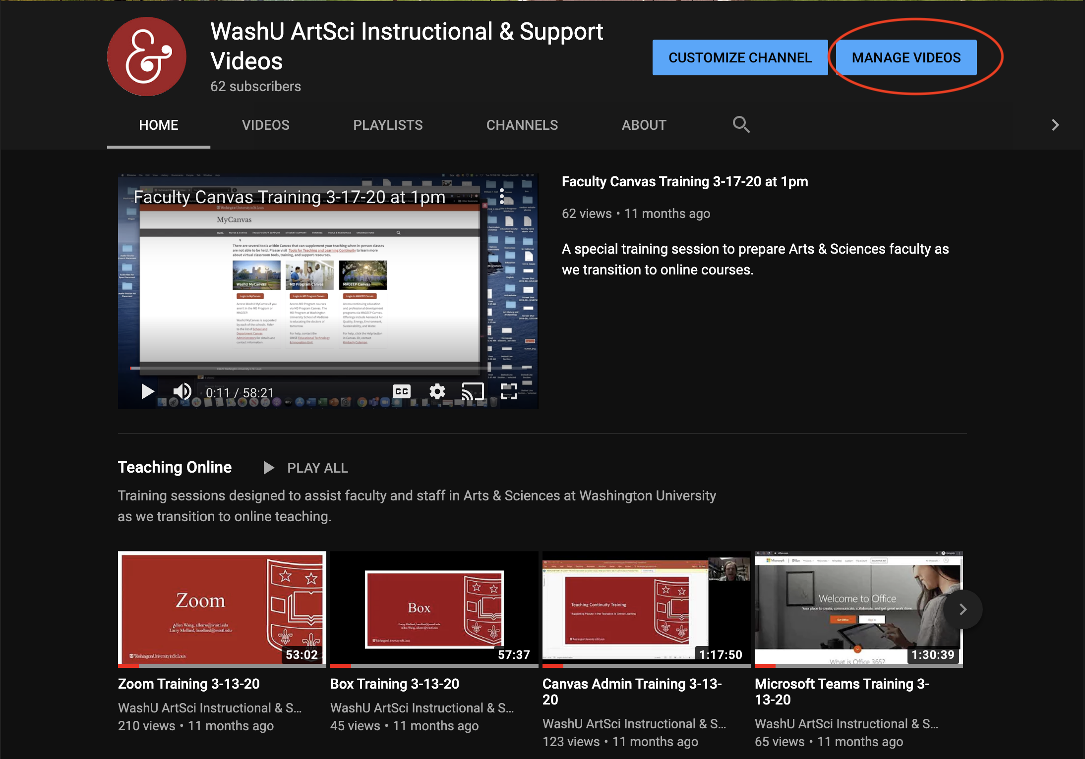 screenshot of a youtube channel with the manage video button circled
