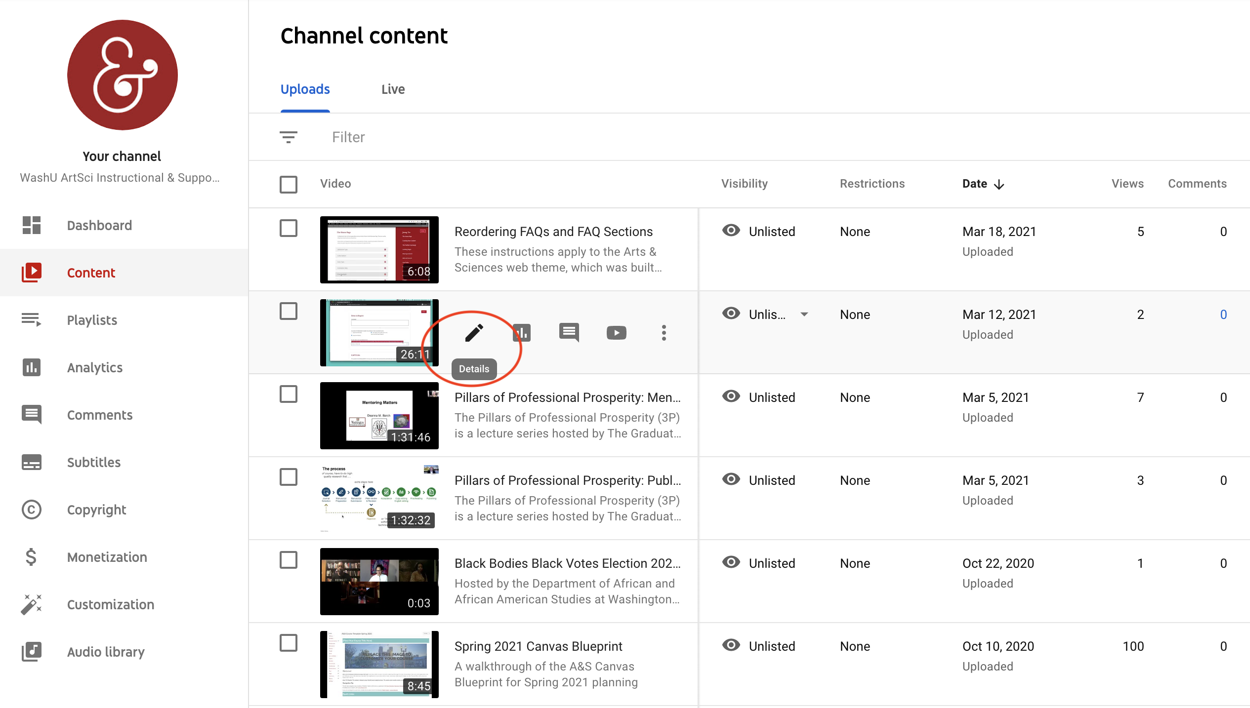 screenshot showing how to choose an existing video from a list and edit it on youtube