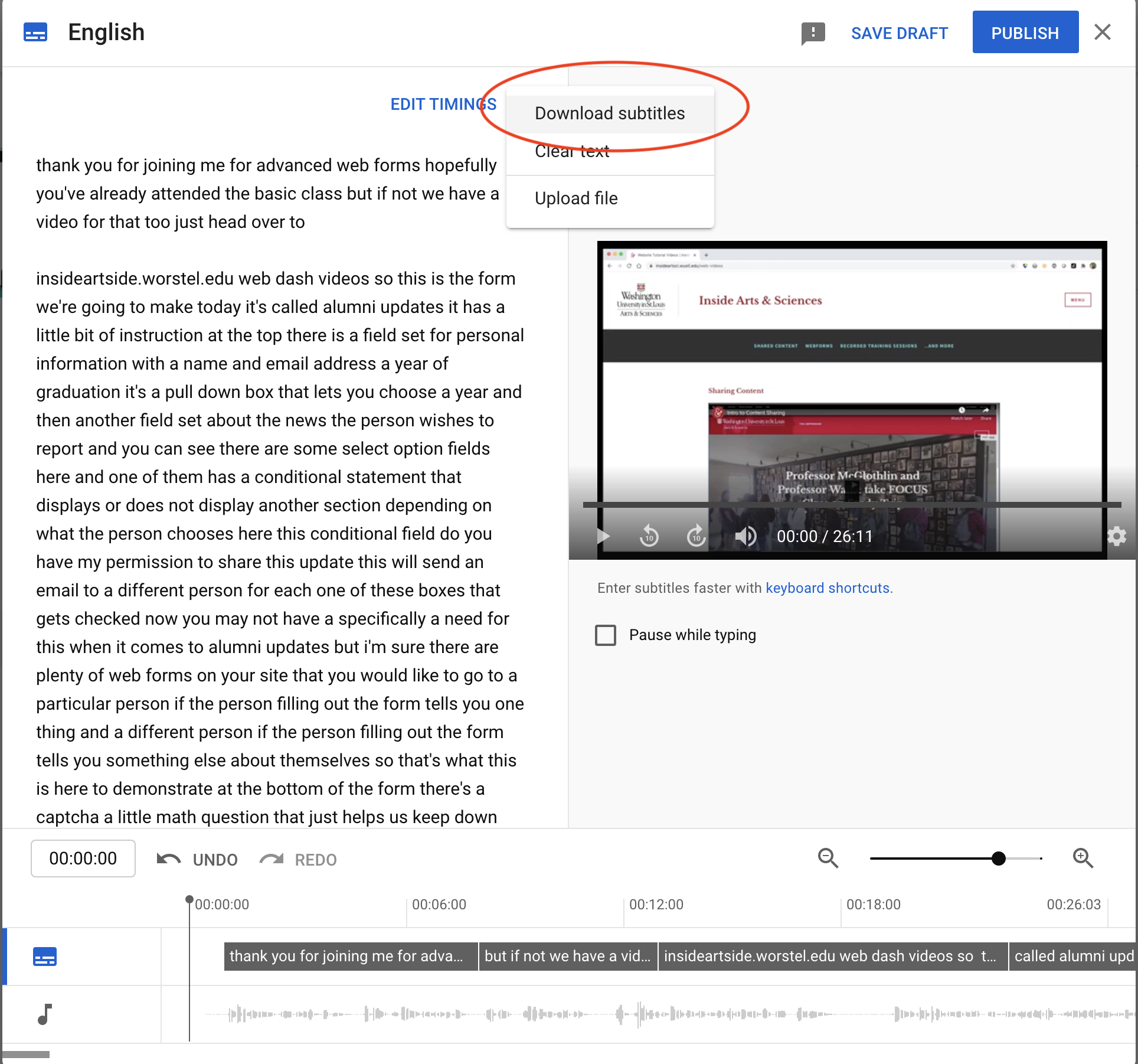screenshot showing how to select the download captions option on youtube