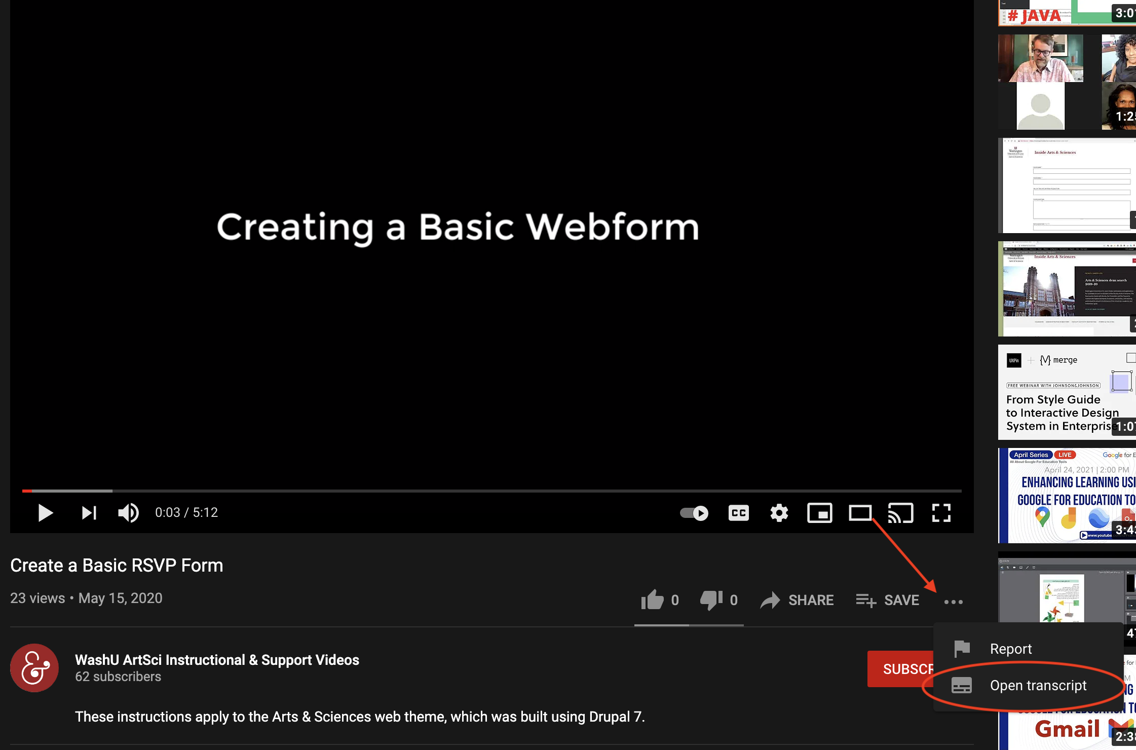 screen shot showing how to download a transcript from youtube