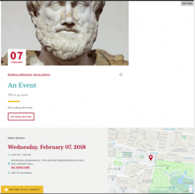 screenshot of an event page showing an image, a large date, and a google map