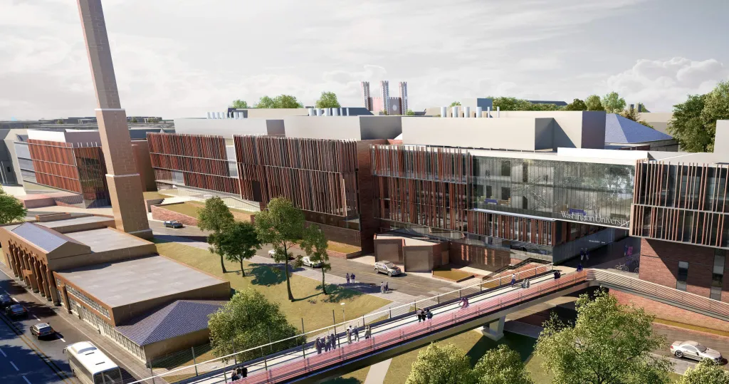 architect's rendering of Bryan Hall with glass facade and new foot bridge over Forest Park Parkway