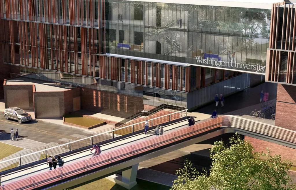 architect's rendering of Bryan Hall with glass facade and new foot bridge over Forest Park Parkway