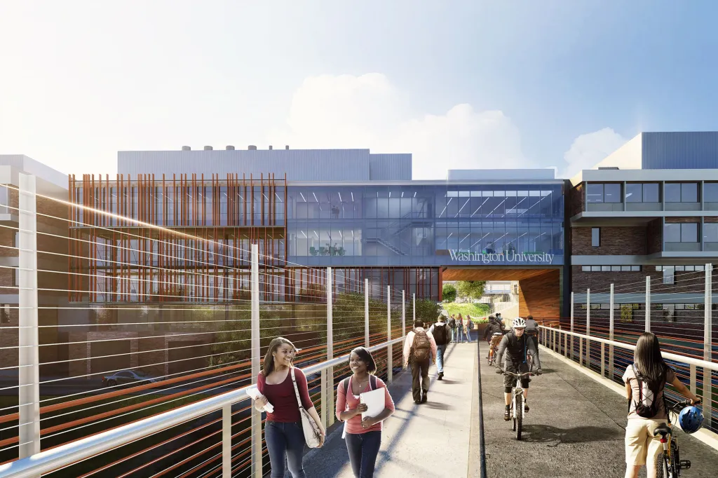 architect's rendering of new foot bridge over Forest Park Parkway with high safety rails and lanes for foot and bicycle traffic