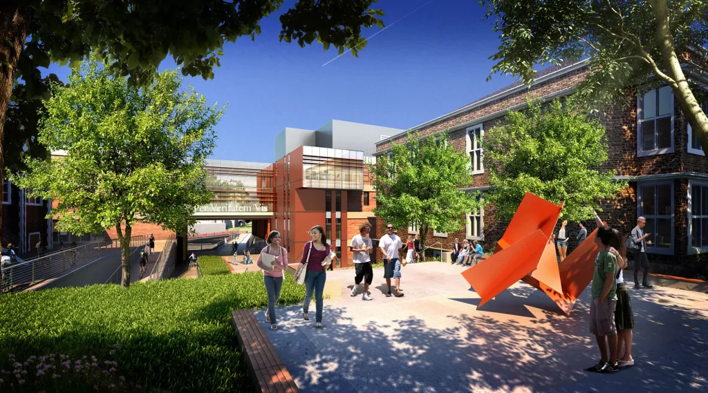 architect's rendering of Bryan Hall from a distance with modern sculpture