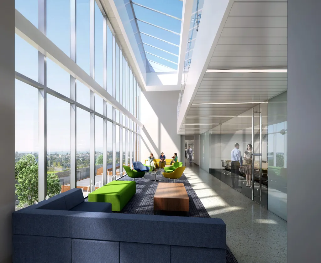 architect's rendering of Bryan Hall interior shows glass window wall, high ceilings, and lots of light