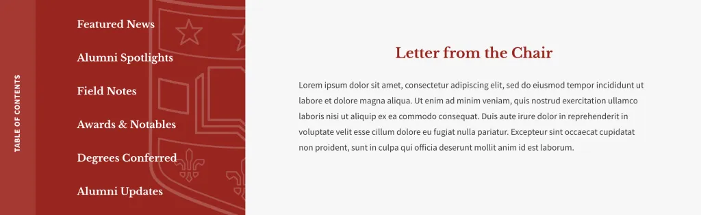 table of contents section for a publication page