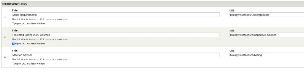 three fields for entering link text, url, and indicating if link should open in a new window.